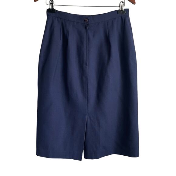 Women Pencil Skirt 10 Navy Midi Length Rayon Linen Pleated Uniform Secretary Y2K - Picture 3 of 10